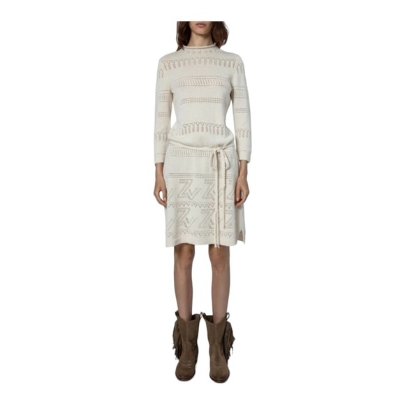 Zadig & Voltaire Cream Cecily Monogrammed ZV Belted Knit Dress. Size Small. - Picture 4 of 17